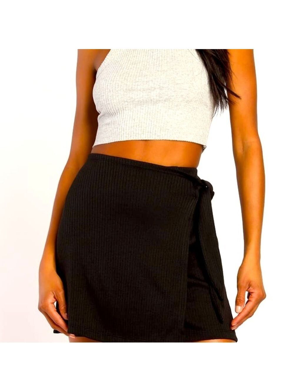 NWT Lulus Black Faux Wrap Ribbed Mini Skirt - Picture 2 of 5